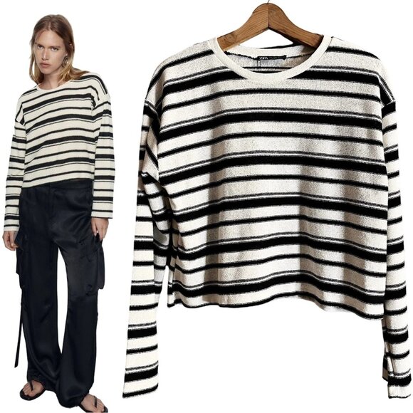 **ZARA Crop Rustic Sweater Striped Long Sleeve Cotton White Black Crew Neck Med - Picture 1 of 5